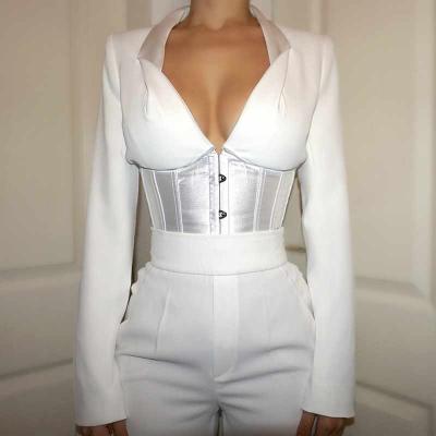 China New Long Sleeve V Neck Solid Color Others Deep Tops Fashion Women's Tie Back Rope Waist Ladies Top for sale