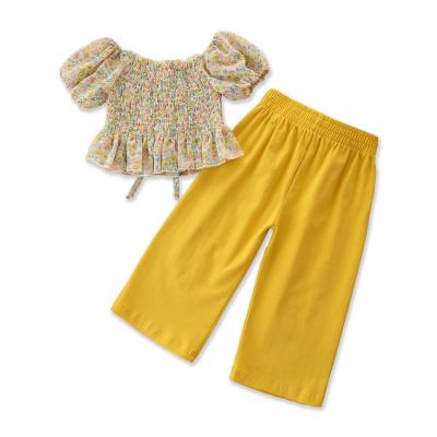 China Summer Promotional Lovely Girls Sweet Baby Suits Small + Wide Leg Floral Top Fashion Clothes Set For Kids for sale