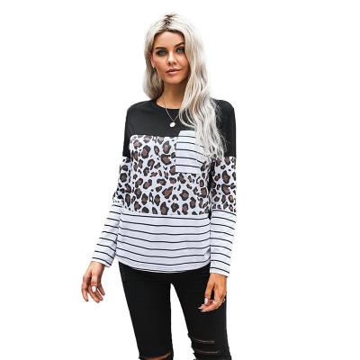 China Other Other Wholesale Leopard Print Striped Patchwork Long Sleeve Woman Top With Pocket for sale