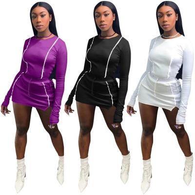 China Women's Autumn Reflective Stripe Two-Piece Set Casual Dress Women's Side Breathable Mini Skirt Knitting Bodycon Dress Breathable Mid-Calf Support Not for sale