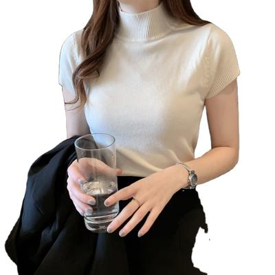 China Anti-pilling Anti-pilling Knitt Shorts Turtle Half Women Casual Stretch Knitted T-shirt Half Sleeved Solid Neck for sale