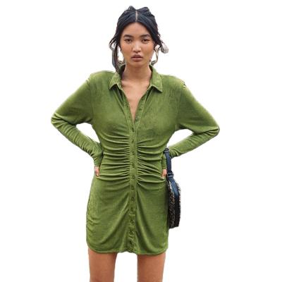 China Street Party Breathable Mini Dress Female Women Enegant Autumn Stack Design Flannel Pleated Bodycon Long Sleeve Breathable Casual Wear for sale