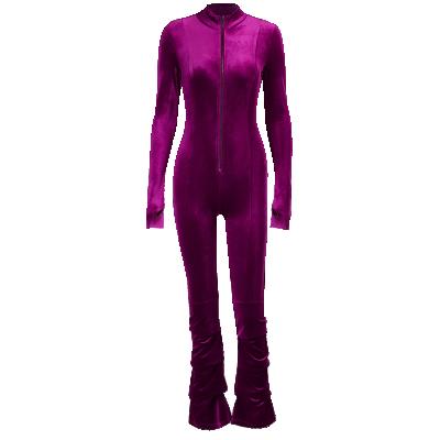 China Other Custom Purple Zipper Bodycon Sleeve Long Velvet Women Rompers Stacked Casual One Piece Jumpsuits for sale