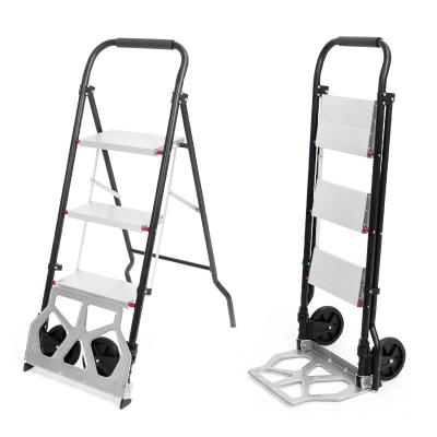 China Lightweight Multifunction Ladder Trolley 4-in-1 Aluminum Folding Ladder Trolley 3 Step Ladder Hand Truck Portable Movable Trolley for sale