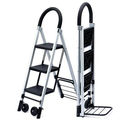 China Handheld Multifunctional Aluminum Steel Foldable Trolley Tools Ladder Trolley 3 Tread Step Mobile Ladder Trolley for sale