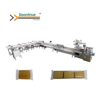 China Customized Fully Automatic Square / Round Cookies Flow Packaging Machinery Line for sale