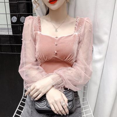 China Viable Long Sleeve Tops Plus Autumn Ins Retro Clothes Blouses And Square Collar Korean Mesh Cn (Origin) Size Women Ladies Shirts P016 for sale