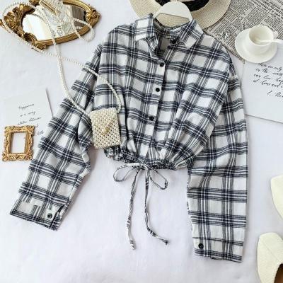 China J097 Women's Spring Autumn New Korean Loose Slim Shorts Sustainable Crop Top Vintage White T-shirts Waist Plaid High Street Student Top for sale