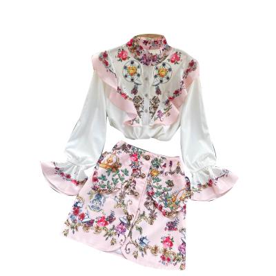 China Viable Printed Fashion 2 Piece Waist Shirts High Skirts Elegant New Women Clothing Sets Q132 Retro Stand Neck Above Knee Button Fly for sale