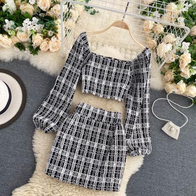 China Viable Ladies Autumn And Winter Retro Tweed Square Neck Long Sleeve + High Waist Short Shirt Skirts Women Two Piece Sets N782 for sale