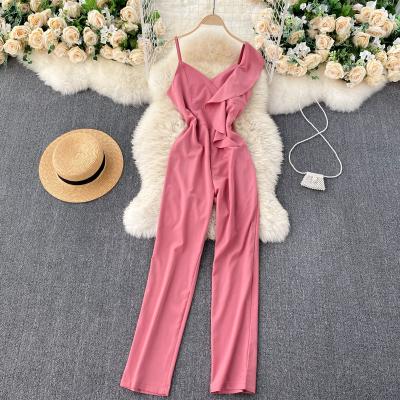 China Solid Color Slim Sleeveless Ins Q314 Jumpers Overalls New Fashion Sexy V-neck Sexy Ruffle Lady Women's Wide Leg One Piece for sale