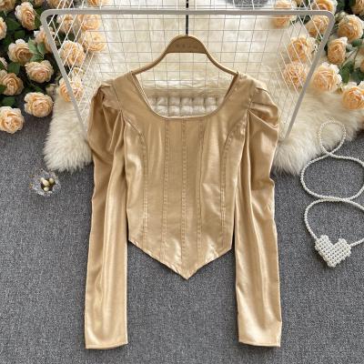 China New Fashion Spring Viable Autumn Pleated Ruffle Retro Loose Mujer Women's Slim Short Solid Color Blouse Top Shirts C953 for sale