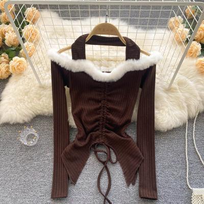 China D022 New Spring Fashion Women's T-shirt Viable Autumn Hanging Neck Long Sleeve Irregular Plush Quilting Thin Tee Tops Mujer for sale