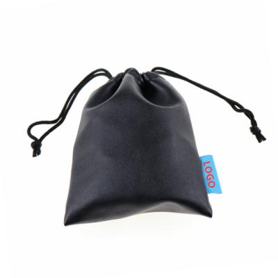 China 2019 Rope Handle PU Leather Drawstring Bag Customized Pocket Acceptable Black Drawstring Bag For Earphone Storage for sale