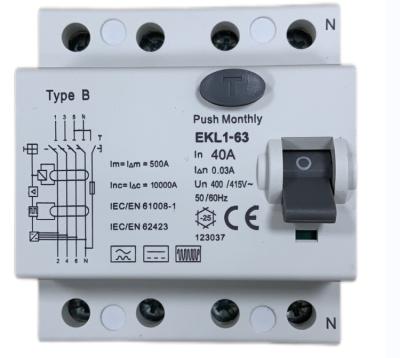 중국 뒷 판넬을 위한 EKL1-63 RCCB 회로 차단기 RCD B형 행동 양식 AC 30mA DC 6mA 판매용