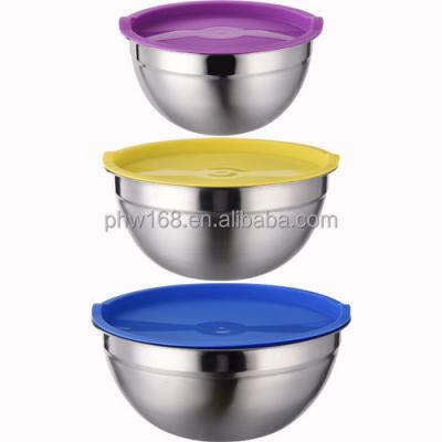 China Viable Hot Selling Colorful Mixing Bowls Salad Bowl Set Stainless Steel Salad Mixing Bowls With Plastic Lid for sale