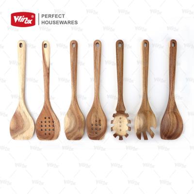 China Hot Selling Kitchen Accessories Logo Wooden Serving Utensils Cooking Tool Custom Acacia Sustainable Cookware 7pcs Amazon Wooden Kitchen Tool for sale