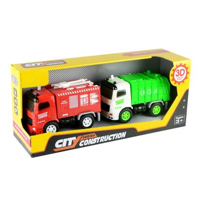 China Cool Rubbing Toy 2pcs Fire Truck Rubbish Car Toys For Kids With 3D Light Music for sale