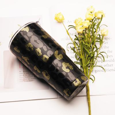 China Durable Stainless Steel Gold Stainless Steel Black Leopard Print Durable Travel Tumbler With Lid DOM111-1175 for sale