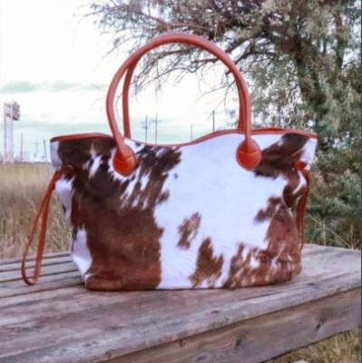 China Fashionable Cowhide Print Monogram Tote Bags Brown Cow Animal Print Personalize Weekender Boho Purse For Women for sale