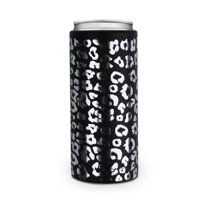 China Leopard Print Stainless Steel Viable Black Silver Skinny Can Cooler Tumbler With Lid DOM111-1175 for sale