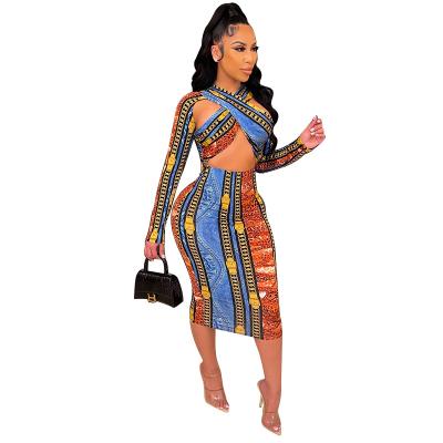 China Drop plus size 2021 plus size women's clothing hot-selling hollow backless cross-belt long-sleeved printed dress for sale