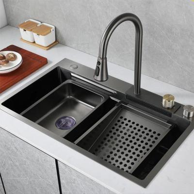 China Without Faucet Nano Gunmetal Sink Kitchen SS 304 Stainless Steel Multifunctional Rainfall Faucet Kitchen Sink With Waterfall for sale