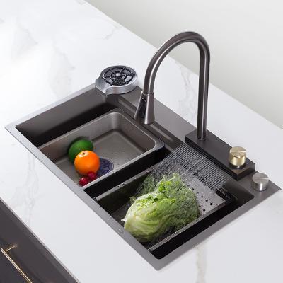 China Without Faucet Nano Black Top Mounted 304 Stainless Steel Kitchen Sink Set With Rainfall Faucet for sale