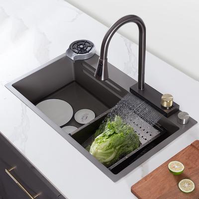 China Without Faucet Multifunctional Black Nano Stainless Steel Large Single Sink Step Kitchen Sink for sale