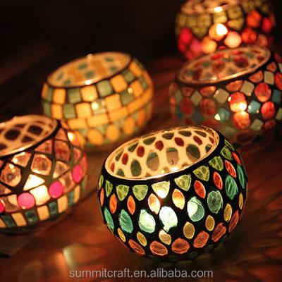 China Mosaic Round shape glass candle holder moroccan lanterns tealight holder for sale