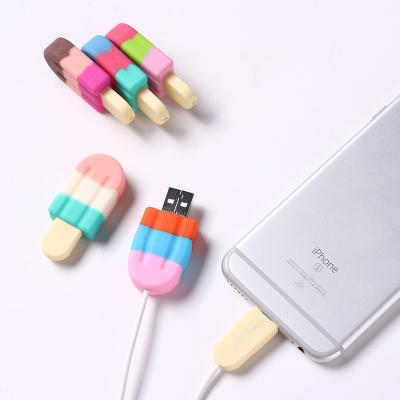 China New Cute Cartoon Design Ice Cream Shape Cable Protector For iPhone Cable Rainbow Color One Bite Anti-breaking Phone Data Protect Cover for sale