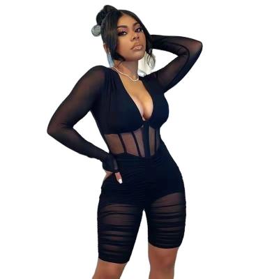 China New Arrivals Sexy Mesh Ruched Pleated See Through Women Clothing Ladies Fashion Skinny Romper Black Mesh Overalls for sale