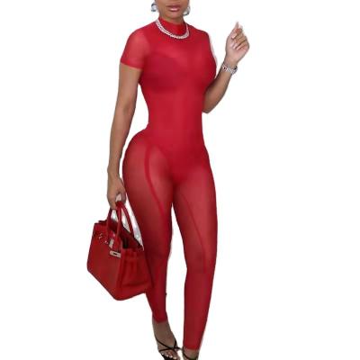 China QUICK DRY Solid Color Splicing Slim Mesh Suit Two Piece Pants Overalls Short Hollow Out Sleeve Pants Set for sale