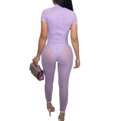 China QUICK DRY Long Pants Mesh See Through Two Pieces Bodycon Jumpsuit Short Sleeve Women Summer Set Clothing 2022 Female for sale