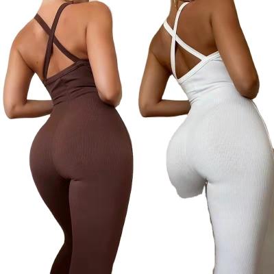 China 2021 Solid Color Bodycon Women's Gym Jumpsuit Wholesale Elastic Sleeveless Cross Back QUICK DRY Back Clothing Sets for sale