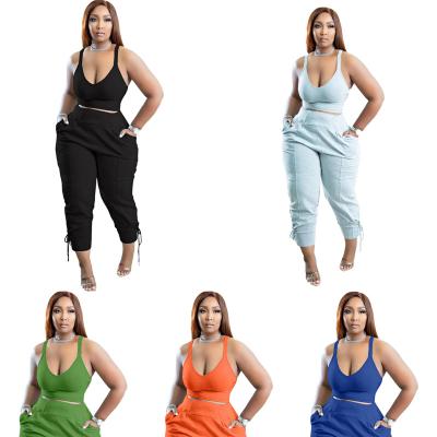 China S-5XL QUICK DRY 2022 summer plus size women spaghetti tie top with bandage pants 2 piece set for sale