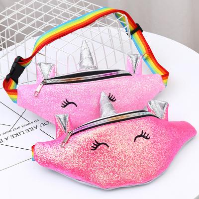 China Children Creative Cartoon Unicorn Shoulder Bag Rainbow Shoulder Strap Water Proof Sequin Laser PU Leather Waist Bag for sale