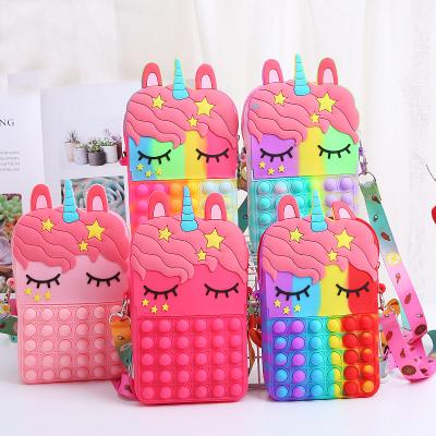 China Adults Kids Squeeze Toys Cute Pop Purse Bag Kids Wiggle Toys Silicone Unicorn Rainbow Pop Coin Purse Bag For Kids for sale