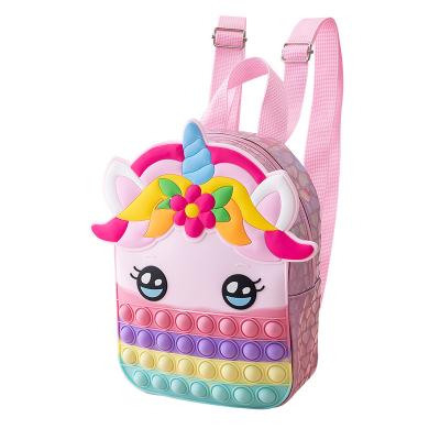 China Adult Children Colorful Cartoon Unicorn Pop Fidget Backpack Animal Kids Stress Reliever Toys Bubble Pop School Bag Silicone Stress Reliever Toys for sale