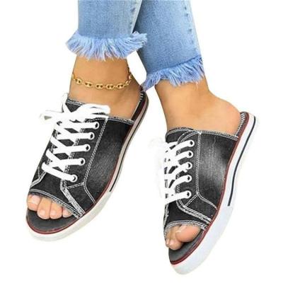 China Fashion Trend Women Canvas Slipper Woman 2022 Lace Up Ladies Peep Toe New Flat Women Fashion Denim Beach Casual Shoes Plus Size 35-43 for sale