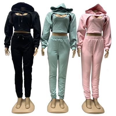 China Anti-wrinkle factory direct sale women's 3 piece pants sports pants long sleeve hooded sweater pants 3 piece set for women for sale