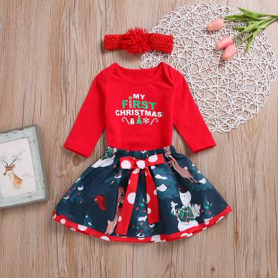 China Christmas hot white long sleeve skirt print romper baby boutique baby romper sale three-piece set for baby 1Y for sale