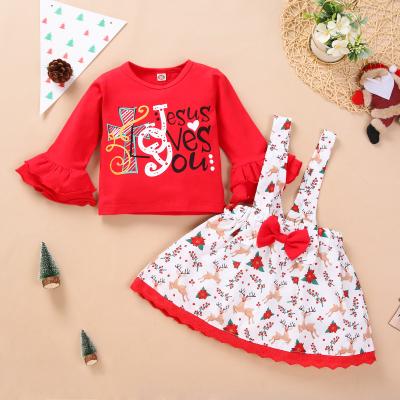 China Hot Selling Boutique Baby Romper Amazon Girls Christmas Print Straps Trumpet Baby Sleeve Skirt Set 2 Piece Sets for sale