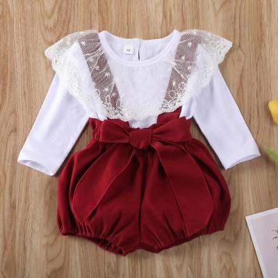 China New Arrival Casual White Round Neck Long Sleeve Girl Clothes Lace Up Shorts To Pant Red Children Two Piece Suit for sale