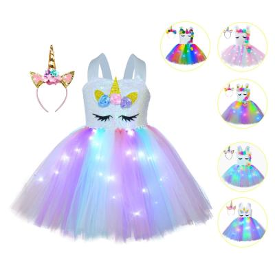 China Anti-wrinkle 12 Flower Girl Costume Kids Party Princess Unicorn LED Light Girls Tutu Dress for sale