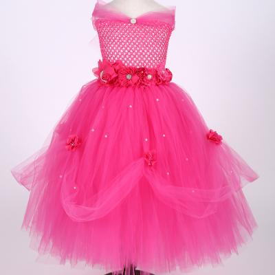 China Amazon Hot Selling Anti-wrinkle Kids Costume Princess Pearl Flower Birthday Pink Fairy Long Tutu Dress For Girls for sale