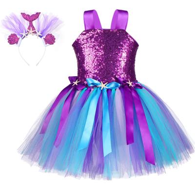 China Wholesale Anti-wrinkle Kids Clothes Purple Starfish Sequin Mermaid Party Shinny Fluffy Tulle Girl Tutu Dress for sale