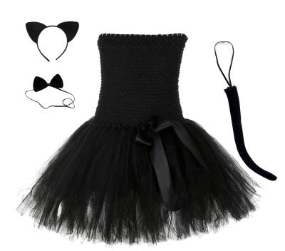 China Cat Show Costume Girl Funny Kids Halloween Anti-wrinkle Solid Black Mesh Party Tutu Dress With Tulle Mesh Headband for sale