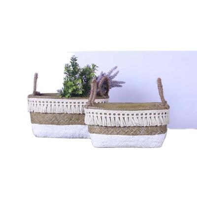 China Spring Pastoral Cotton and Canvas Handle with Fringed Oval Pastoral Style Decorative Cement Basket Planter Pot for sale