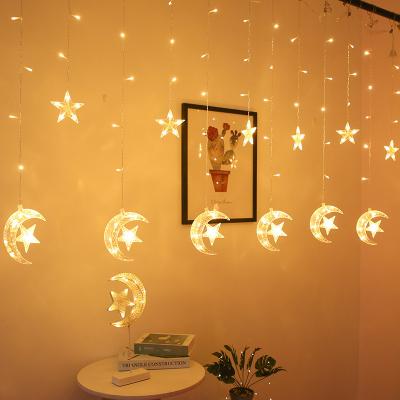 China Ramadan Light Twinkle 138 LED Waterfall EID Window Star Moon Curtain String Light for Ramadan Wedding for sale